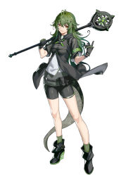 Rule 34 | 1girl, absurdres, antenna hair, arknights, bare legs, bike shorts, black footwear, black gloves, black shirt, black shorts, boots, brown eyes, chinese commentary, commentary request, crocodilian tail, full body, gavial (arknights), gloves, green hair, hair between eyes, hands up, hercule (zho yue yu), highres, holding, holding staff, long hair, looking at viewer, pouch, shirt, short sleeves, shorts, simple background, smile, solo, staff, standing, tail, thighs, white background