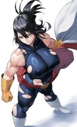 Rule 34 | 1girl, absurdres, black hair, blue bodysuit, bodysuit, boku no hero academia, boots, breasts, cape, clenched hand, covered erect nipples, gloves, grey eyes, hair between eyes, highres, large breasts, muscular, muscular female, shimura nana, short hair, simple background, sleeveless, sleeveless bodysuit, solo, standing, torn bodysuit, torn clothes, white background, white footwear, yellow gloves, yoshio (55level)