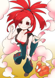Rule 34 | 1girl, breasts, chorimokki, cleavage, closed mouth, creatures (company), denim, flannery (pokemon), game freak, gen 2 pokemon, gym leader, jeans, large breasts, long hair, looking at viewer, nintendo, pants, pokemon, pokemon (creature), pokemon oras, red eyes, red hair, slugma, smile