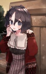 Rule 34 | 1girl, alternate costume, black hair, blue eyes, casual, collar, commentary request, cowboy shot, dress, embarrassed, frilled collar, frills, grey dress, hand in own hair, highres, kaban (kemono friends), kemono friends, long sleeves, looking at viewer, nanana (nanana iz), red sweater, short hair, solo, sweater, white collar