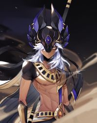 Rule 34 | 1boy, abs, animal ears, arabian clothes, belt, black background, black cape, black choker, black hat, cape, choker, closed mouth, cyno (genshin impact), dark-skinned male, dark skin, genshin impact, hair over one eye, hat, highres, jackal ears, kanz (kanziepooh), long hair, looking at viewer, male focus, navel, one eye covered, orange eyes, short sleeves, signature, solo, watermark, weapon, white hair