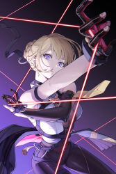 1girl absurdres arm_up armpit_crease asymmetrical_gloves black_background black_gloves black_jacket black_pants blonde_hair breasts closed_mouth evelyn_chevalier from_above gloves hair_up highres jacket large_breasts looking_at_viewer mole mole_under_eye necktie pants police_riot_(artist) purple_eyes shirt sidelighting solo thread unworn_jacket white_shirt yellow_necktie zenless_zone_zero