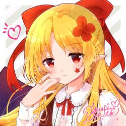 Rule 34 | bat (animal), bat wings, blonde hair, blush, bow, brown vest, collared shirt, elis (touhou), facial mark, flower, frilled shirt, frilled shirt collar, frills, hair bow, hair flower, hair ornament, heart, highres, long hair, long sleeves, looking at viewer, open clothes, open vest, pointy ears, red bow, red eyes, red neckwear, red ribbon, ribbon, shirt, smile, solo, touhou, touhou (pc-98), vest, white shirt, wings, yurufuwa milk