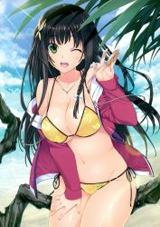 Rule 34 | 1girl, ;d, absurdres, beach, bikini, black hair, blush, breasts, cleavage, cloud, copyright request, day, green eyes, hand on own thigh, highres, iizuki tasuku, jewelry, large breasts, leaf, long hair, navel, necklace, one eye closed, open mouth, outdoors, side-tie bikini bottom, sky, smile, solo, swimsuit, tree, underboob, v, yellow bikini