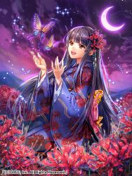 Rule 34 | 1girl, :d, back bow, black hair, blue kimono, blunt bangs, bow, bug, butterfly, copyright notice, crescent moon, field, floating hair, floral print, flower, flower field, hair ribbon, insect, japanese clothes, kimono, long hair, long sleeves, looking up, moon, night, open mouth, pink bow, print kimono, purple sky, red eyes, red flower, red ribbon, ribbon, seisen cerberus, sila (carpen), sky, smile, solo, very long hair, wide sleeves
