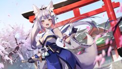 Rule 34 | animal ear fluff, animal ears, antenna hair, black gloves, breasts, cherry blossoms, cleavage, commission, day, detached sleeves, dress, falling petals, fox ears, fox girl, fox tail, gloves, highres, holding, holding sword, holding weapon, japanese clothes, katana, large breasts, long hair, long sleeves, looking at viewer, nontraditional miko, open mouth, orange eyes, original, outdoors, petals, shimotsuki shio, shrine, skeb commission, standing, sword, tail, teeth, tongue, tongue out, torii, upper teeth only, weapon, white hair, wide sleeves