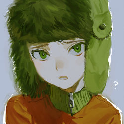 Rule 34 | 1boy, ?, commentary, fur hat, green eyes, green hat, grey background, hat, jacket, kyle broflovski, looking at viewer, male focus, orange jacket, parted lips, portrait, simple background, sketch, solo, south park, symbol-only commentary, ushanka, yatatashira, zipper pull tab
