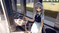 Rule 34 | 1girl, apron, black ribbon, blue dress, book, bow, braid, broom, collared shirt, commentary, cowboy shot, day, dress, fingernails, floor, fountain, grass, grey eyes, hair between eyes, hair bow, highres, holding, holding broom, izayoi sakuya, looking at viewer, maid apron, maid headdress, multiple girls, neck ribbon, outdoors, pillar, puffy short sleeves, puffy sleeves, ribbon, shirt, short sleeves, silver hair, sleeping, smile, solo, standing, touhou, treeware, twin braids, waist apron, wallpaper, white shirt