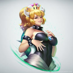 Rule 34 | 1girl, armlet, artist name, bad id, bad pixiv id, bare shoulders, black dress, blonde hair, borrowed character, bowsette, bracelet, breasts, cleavage, collar, commentary, covered navel, cropped torso, crown, dress, english commentary, fingernails, gradient background, grey background, hand on own chest, horns, jewelry, lips, long fingernails, long hair, mario (series), medium breasts, neoartcore, nintendo, parted lips, patreon logo, pink lips, ponytail, red eyes, smile, solo, spiked armlet, spiked bracelet, spiked collar, spiked shell, spikes, strapless, strapless dress, super crown, teeth, upper body, watermark, web address