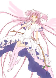 Rule 34 | 10s, 1girl, blush, boots, bow (weapon), dress, finger to mouth, gloves, kaname madoka, kannari, long hair, mahou shoujo madoka magica, mahou shoujo madoka magica (anime), pink footwear, pink hair, smile, solo, two side up, ultimate madoka, weapon, white dress, yellow eyes