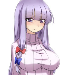 Rule 34 | 1girl, :/, blush, breasts, female focus, hair ribbon, impossible clothes, impossible sweater, large breasts, long hair, looking down, no headwear, no headwear, patchouli knowledge, purple eyes, purple hair, ribbed sweater, ribbon, solo, sweater, tori (minamopa), touhou, upper body
