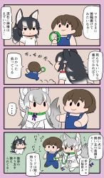 Rule 34 | ..., 1boy, 2girls, animal collar, animal ears, black hair, bokoboko (pandagapanda1), brown hair, captain (kemono friends), chibi, closed mouth, collar, expressionless, extra ears, flying sweatdrops, fur collar, grey hair, grey wolf (kemono friends), hair between eyes, highres, holding, holding leash, japanese clothes, kemono friends, kemono friends 3, kimono, leash, long hair, long sleeves, looking at another, makami (kemono friends), multicolored hair, multiple girls, overalls, shirt, short hair, short sleeves, smile, spoken ellipsis, tail, translation request, two-tone hair, walking, white hair, wolf ears, wolf girl, wolf tail