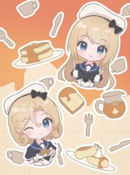 Rule 34 | 2girls, :3, blonde hair, blue eyes, blue sailor collar, bread, cropped torso, cup, dress, food, fork, hat, highres, janus (kancolle), jervis (kancolle), kantai collection, knife, long hair, looking at viewer, maple syrup, multiple girls, pancake, parted bangs, pitcher (container), sailor collar, sailor dress, sailor hat, short hair, teacup, unoi, upper body, white headwear