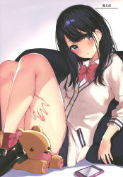 Rule 34 | 1girl, absurdres, artist name, black hair, blue eyes, blush, bow, cellphone, gradient background, gridman universe, highres, jacket, lips, loafers, looking at viewer, mataro (matarou), parted lips, phone, pillow, pleated skirt, red socks, scan, shiny skin, shoes, simple background, sitting, skirt, socks, solo, ssss.gridman, stuffed animal, stuffed toy, takarada rikka, teddy bear