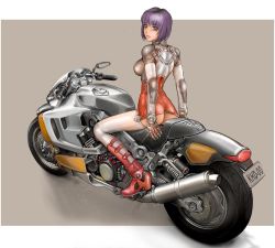 Rule 34 | ass, boots, kuratch, looking back, motor vehicle, motorcycle, original, purple hair, short hair, solo, thighhighs, vehicle