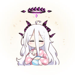 Rule 34 | 1girl, ahoge, blue archive, chibi, commentary request, demon girl, demon horns, eating, food, hair between eyes, halo, happy, hina (blue archive), hina (pajamas) (blue archive), horns, ice cream, ice cream spoon, ice cream tub, long hair, long sleeves, looking at viewer, official alternate costume, pajamas, pink pajamas, polka dot, polka dot pajamas, rabe26k, sidelocks, simple background, solo, spoon, sweater, yellow sweater