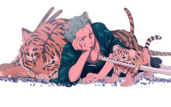 Rule 34 | 1boy, animal ears, commentary, green hair, green kimono, hand on own face, haramaki, highres, holding, holding sword, holding weapon, japanese clothes, kimono, looking down, lying, male focus, on side, one eye closed, one piece, roronoa zoro, scar, scar across eye, scar on chest, scar on face, short hair, simple background, sword, symbol-only commentary, tail, tiger, tiger boy, tiger cub, tiger ears, tiger tail, towne, v-shaped eyebrows, weapon, whiskers, white background