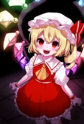 Rule 34 | 1girl, :d, ascot, blonde hair, blush, collared shirt, commentary, cowboy shot, crystal, drill hair, fangs, flandre scarlet, frilled shirt collar, frilled skirt, frills, hair between eyes, hat, hat ribbon, highres, looking at viewer, medium hair, midoro29, mob cap, open mouth, puffy short sleeves, puffy sleeves, red eyes, red ribbon, red skirt, red vest, ribbon, shirt, short sleeves, side ponytail, skirt, skirt set, smile, solo, teeth, tongue, touhou, vest, white hat, white shirt, wings, wrist cuffs, yellow ascot