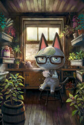 Rule 34 | 1boy, :&lt;, animal crossing, barrel, black-framed eyewear, blue necktie, brown eyes, buttons, cabinet, cat boy, closed mouth, coffee, coffee mug, coffee pot, collared shirt, commentary request, cup, dress shirt, flower pot, furry, furry male, glasses, green eyes, grey vest, hanging plant, heterochromia, highres, holding, holding cup, indoors, jar, looking at viewer, male focus, mug, necktie, nintendo, on stool, pawpads, plant, potted plant, raymond (animal crossing), risu, shelf, shirt, sitting, solo, steam, stool, vest, white shirt, window, wooden floor