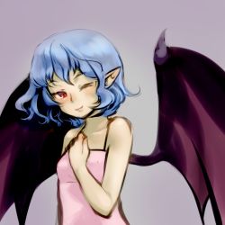 Rule 34 | 1girl, bare shoulders, bat wings, blue hair, camisole, female focus, flat chest, grey background, hand on own chest, large wings, one eye closed, pointy ears, red eyes, remilia scarlet, roarke (lavenderincubus), short hair, simple background, smile, solo, touhou, vampire, wings, wink