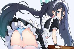 Rule 34 | 1girl, absurdly long hair, apron, aqua halo, aris (blue archive), aris (maid) (blue archive), arm support, ass, bent over, black dress, black hair, black wristband, blue archive, blue eyes, blue panties, blush, dress, finger to mouth, frilled dress, frills, from side, halo, long hair, looking at viewer, looking back, maid, maid apron, maid headdress, mechanical halo, official alternate costume, open mouth, panties, ponytail, puffy short sleeves, puffy sleeves, short dress, short sleeves, solo, rectangular halo, thighhighs, underwear, very long hair, wanamochi, white apron, white background, white thighhighs