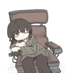 Rule 34 | 1girl, brown hair, brown pants, chair, closed eyes, facing viewer, feet out of frame, grey shirt, head on arm, leaning to the side, long sleeves, medium hair, open mouth, original, pants, shirt, simple background, sleeping, sleeping upright, solo, torosakana, white background