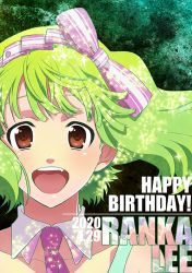 Rule 34 | 1girl, :d, bow, bow hairband, brown eyes, character name, collarbone, dated, detached collar, floating hair, green background, green hair, hair bow, hairband, happy birthday, kutsuno, looking at viewer, macross, macross frontier, macross frontier: sayonara no tsubasa, medium hair, open mouth, pink neckwear, portrait, ranka lee, smile, solo
