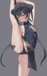 Rule 34 | 1girl, absurdres, arm up, bare legs, black dress, black gloves, black hair, black panties, blue archive, blush, breasts, cameltoe, china dress, chinese clothes, double bun, dress, flexible, gloves, grey background, grey eyes, hair bun, highres, kisaki (blue archive), l1quid neko, leg up, long hair, looking at viewer, panties, pelvic curtain, short dress, simple background, small breasts, solo, split, standing, standing on one leg, standing split, thighs, twintails, underwear, very long hair