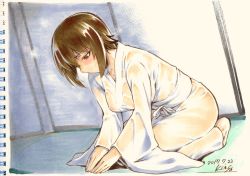 Rule 34 | 1girl, artist name, barefoot, blush, bowing, brown eyes, brown hair, commentary request, dated, girls und panzer, half-closed eyes, indoors, japanese clothes, kiasa, kimono, long sleeves, nipples, nishizumi maho, obi, photo (object), sash, see-through, seiza, short hair, signature, sitting, solo, sweat, traditional media, white kimono, wide sleeves