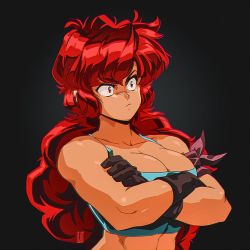 Rule 34 | 1girl, black background, black gloves, blue tank top, breasts, cleavage, closed mouth, commentary, crop top, crossed arms, dated, david liu, english commentary, film grain, frown, gloves, highres, large breasts, long hair, maria (space maria), red eyes, red hair, signature, solo, space maria, tank top, upper body