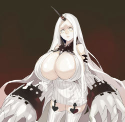 Rule 34 | 10s, 1girl, abyssal ship, bare shoulders, breasts, brown background, claws, cleavage, detached sleeves, dress, garter straps, gigantic breasts, gradient background, highres, horns, kantai collection, lips, long hair, muneneko, ribbed dress, ribbed legwear, seaport water oni, short dress, solo, striped clothes, striped thighhighs, thighhighs, thighs, very long hair, white hair, yellow eyes, zettai ryouiki