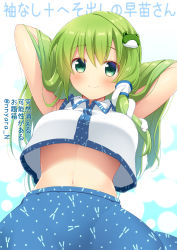 Rule 34 | 1girl, armpits, arms up, artist name, bad id, bad pixiv id, blue skirt, blush, breasts, commentary request, cowboy shot, crop top, crop top overhang, frog hair ornament, green eyes, green hair, hair ornament, hair tubes, hands in hair, kochiya sanae, large breasts, long hair, looking at viewer, midriff, navel, nnyara, shirt, sidelocks, skirt, sleeveless, sleeveless shirt, smile, snake hair ornament, solo, standing, stomach, touhou, translation request, twitter username, white background, white shirt