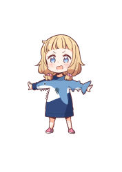 Rule 34 | 1girl, blonde hair, blue eyes, blue shirt, blush, chibi, full body, hair ornament, highres, long hair, long sleeves, looking at viewer, new game!, open mouth, oversized clothes, pink footwear, sakura nene, shark print, shirt, shoes, simple background, solo, tokunou shoutarou, white background