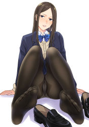 Rule 34 | 1girl, absurdres, arms at sides, ass, black footwear, black pantyhose, blazer, blue bow, blue bowtie, blue eyes, blue jacket, blue skirt, bow, bowtie, breast pocket, brown hair, clothes, collared shirt, dress shirt, eyelashes, feet, female focus, foreshortening, full body, grin, gusset, hands on ground, highres, jacket, knees up, kyuuso inukami, legs, lips, loafers, long hair, looking at viewer, no shoes, on ground, open mouth, original, panties, panties under pantyhose, pantyhose, parted lips, pocket, school uniform, shadow, shirt, shoes, unworn shoes, simple background, sitting, skirt, smile, soles, solo, sweater, sweater vest, tan sweater, thighs, toe seam, toes, underwear, uniform, white background, white panties, white shirt