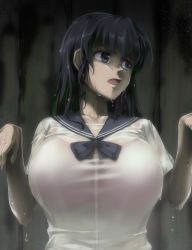 Rule 34 | 1girl, black hair, blue eyes, bra, breasts, collarbone, highres, huge breasts, long hair, mumumu (road), open mouth, original, pink bra, school uniform, see-through, shirt, solo, standing, taut clothes, taut shirt, underwear, wet, wet clothes, wet shirt