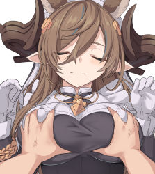 Rule 34 | 1girl, animal ears, bare shoulders, black dress, grabbing another&#039;s breast, breasts, brown hair, closed eyes, dress, extra ears, galleon (granblue fantasy), gloves, grabbing, granblue fantasy, horns, large breasts, long hair, multicolored hair, pointy ears, shiseki hirame, solo focus, streaked hair, swept bangs, two-tone dress, white dress, white gloves