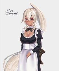 Rule 34 | 1girl, alternate costume, apron, azur lane, black bow, black bowtie, black dress, blush, bow, bowtie, breasts, cleavage, cleavage cutout, closed mouth, clothing cutout, commentary request, cowboy shot, crossed bangs, dark-skinned female, dark skin, dress, enmaided, grey background, hair between eyes, high ponytail, juliet sleeves, large breasts, long hair, long sleeves, looking at viewer, maid, maid apron, minneapolis (azur lane), paundo2, puffy sleeves, red eyes, simple background, smile, solo, very long hair, white apron, white hair