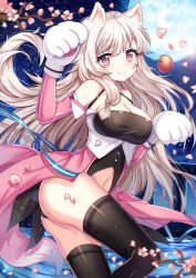 Rule 34 | 1girl, absurdres, animal ears, animal hands, ass, black leotard, black thighhighs, blush, breasts, cherry blossoms, cleavage, closed mouth, elbow gloves, floating hair, from side, full moon, gloves, highres, large breasts, leotard, long hair, looking at viewer, moon, navel, noah fantasy, paw pose, petals, shanguier, sidelocks, smile, solo, swept bangs, thighhighs, thighs