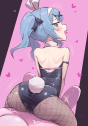 Rule 34 | 1girl, absurdres, animal ears, aqua eyes, aqua hair, ass, back, bare shoulders, black leotard, blush, cameltoe, cleft of venus, detached collar, fake animal ears, fake tail, fishnet pantyhose, fishnets, from behind, hatsune miku, heart, highres, hirotaka0125, leotard, looking at viewer, medium hair, official alternate costume, pantyhose, pink pupils, playboy bunny, profile, rabbit ears, rabbit hole (vocaloid), rabbit tail, riding, shoulder blades, solo, sticker on face, tail, teardrop facial mark, twintails