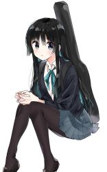 Rule 34 | 1girl, akiyama mio, black eyes, black hair, blazer, collared shirt, commentary request, feet out of frame, guitar case, hamazi aki, highres, hime cut, instrument case, jacket, k-on!, loafers, long hair, long sleeves, looking at viewer, pantyhose, pleated skirt, sakuragaoka high school uniform, school uniform, shirt, shoes, simple background, sitting, skirt, solo, white background, white shirt