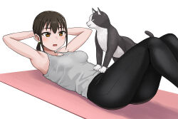 Rule 34 | 1girl, animal ears, blush, breasts, brown eyes, brown hair, cat, cat ears, cat tail, commentary request, embarrassed, hashi, long bangs, lying, medium breasts, on back, open mouth, original, pants, ponytail, solo, tail, tank top, white background, yoga mat, yoga pants