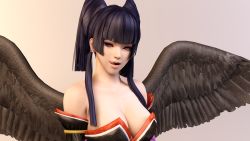 Rule 34 | 1girl, 3d, bare shoulders, bird wings, black hair, breasts, cleavage, dead or alive, dead or alive 3d, dead or alive 5, detached sleeves, dnxpunk, eyelashes, eyeliner, feathered wings, highres, hime cut, large breasts, licking lips, long hair, looking at viewer, makeup, mole, mole under mouth, naughty face, no headwear, nyotengu, pink background, pov, purple eyes, simple background, solo, tengu, tongue, tongue out, upper body, wallpaper, wings