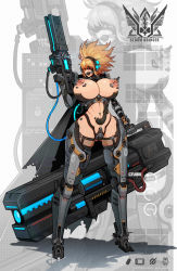 Rule 34 | absurdres, amputee, ball gag, blonde hair, breasts, cyborg, dungeon and fighter, female gunner (dungeon and fighter), gag, gun, highres, huge breasts, huge weapon, l axe, single mechanical arm, mechanical parts, prosthesis, quadruple amputee, rifle, mechanical legs, suction cups, weapon