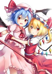 Rule 34 | 2girls, ascot, bat wings, blonde hair, blue hair, brooch, commentary request, dress, feet out of frame, flandre scarlet, frilled dress, frilled shirt collar, frills, hair between eyes, hat, hat ribbon, highres, holding, holding polearm, holding spear, holding weapon, jewelry, looking at viewer, mob cap, multiple girls, open mouth, parted lips, pink dress, polearm, puffy short sleeves, puffy sleeves, red ascot, red eyes, red ribbon, red skirt, red vest, remilia scarlet, renka (cloudsaikou), ribbon, short hair, short sleeves, siblings, side ponytail, simple background, sisters, skirt, smile, spear, spear the gungnir, standing, touhou, vest, weapon, white background, wings, wrist cuffs, yellow ascot