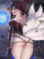 Rule 34 | 1girl, :d, ahri (league of legends), animal ears, armpits, arms up, artist name, ass, bare shoulders, black hair, blue fire, breasts, brown eyes, clothing cutout, cloud, cloudy sky, cowboy shot, detached sleeves, facial mark, fang, fire, fox ears, fox tail, from behind, hitodama, kitsune, kyuubi, large breasts, leaf, league of legends, letdie1414, long hair, long sleeves, looking at viewer, looking back, low-tied long hair, miniskirt, multiple tails, no panties, open mouth, outdoors, patreon username, skirt, sky, smile, solo, standing, straight hair, tail, tail through clothes, tassel, thighs, tree, upskirt, very long hair, whisker markings, white skirt, wide sleeves