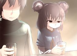 Rule 34 | 1girl, animal ears, commentary request, drink, faceless, faceless male, gaoo (frpjx283), glass, grey hair, hetero, jitome, long sleeves, mouse ears, nazrin, red eyes, shaded face, short hair, touhou