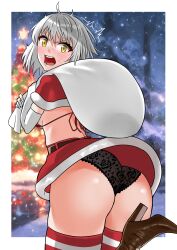 Rule 34 | 1girl, absurdres, ass, black panties, blush, breasts, capelet, christmas, elbow gloves, fate/grand order, fate (series), fur-trimmed capelet, fur-trimmed skirt, fur trim, gloves, grey hair, highres, jeanne d&#039;arc alter (avenger) (fate), jeanne d&#039;arc alter (fate), large breasts, looking at viewer, looking back, miniskirt, open mouth, panties, red capelet, red skirt, sack, short hair, skirt, tomotomow00w, underwear, wedgie, white gloves, yellow eyes