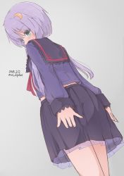 Rule 34 | 1girl, arms at sides, artist name, black sailor collar, black skirt, blue eyes, blush, crescent, crescent hair ornament, dated, dutch angle, from behind, from below, grey background, grey hair, hair ornament, highres, kantai collection, long sleeves, looking down, munehiro (21plus), petticoat, purple hair, purple shirt, sailor collar, school uniform, see-through, serafuku, shirt, short hair with long locks, sidelocks, simple background, skirt, sleeves past wrists, solo, standing, sweatdrop, yayoi (kancolle)