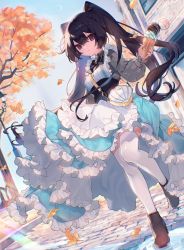 Rule 34 | black hair, bow, bowtie, building, character request, closed mouth, clothing request, commentary, copyright request, dress, falling leaves, food, holding, ice cream, ice cream cone, leaf, light, light rays, long hair, looking at viewer, outdoors, puddle, red eyes, saku nosuke, shoes, sky, sunbeam, sunlight, symbol-only commentary, tree, twintails
