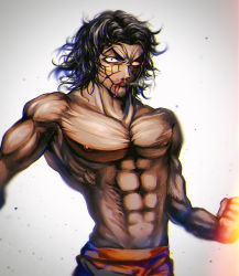 Rule 34 | 1boy, abs, artist request, beard, black hair, brown eyes, clenched hand, drawing on another&#039;s face, facial hair, grappler baki, highres, injury, jun guevaru, looking at viewer, male focus, muscular, mustache, pectorals, ribbon, serious, short hair, simple background, standing, upper body